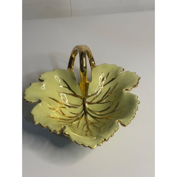 VTG Porcelain Leaf Dish – Light Green w/ Gold Handle, 5" Collectible Centerpiece - Picture 2 of 4